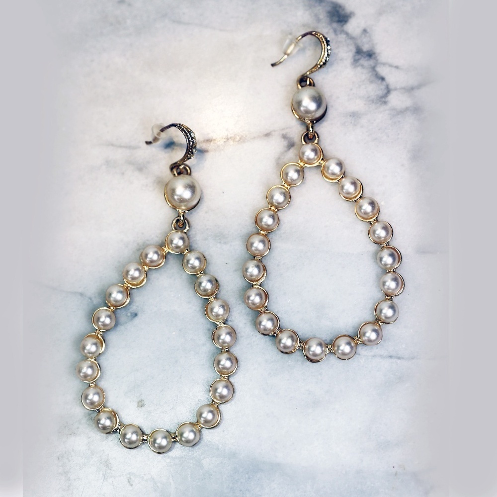 Pearl Earrings ~ Teardrop Loop Dangle Earrings w/ Crystal Encrusted French Wires - Picture 3 of 9